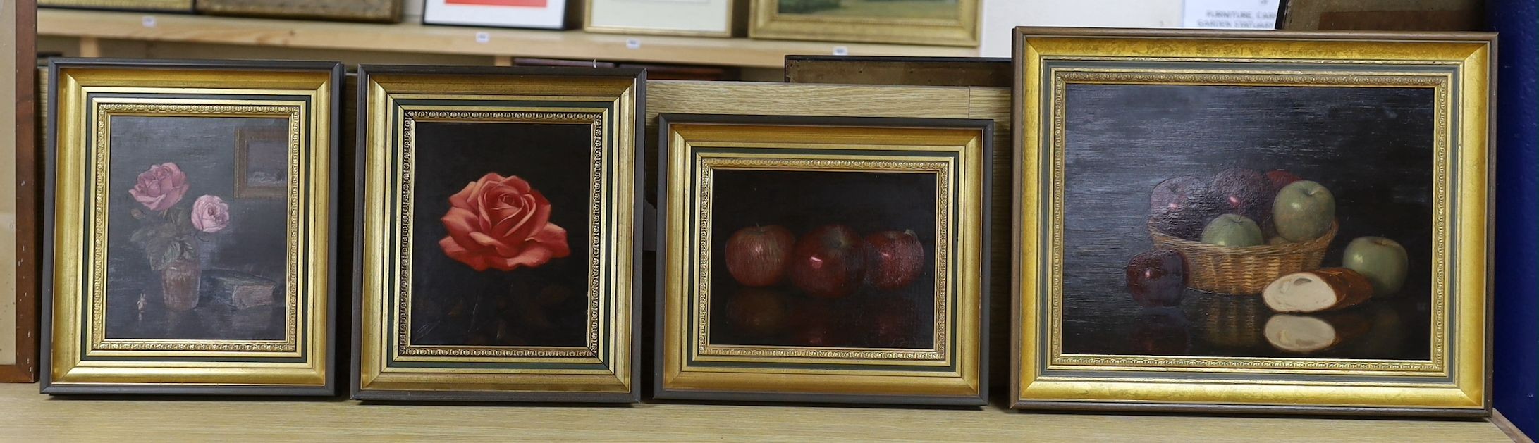 J. Foulger (Corot), four oils on board, Still lifes of flowers and fruit, largest 29 x 39cm